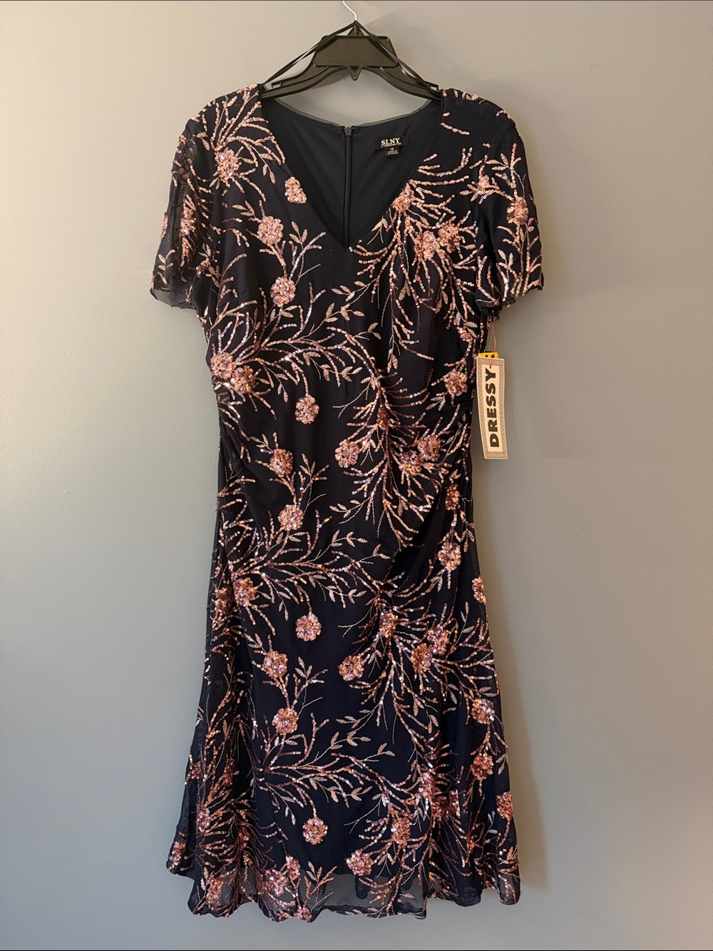 SLNY Navy Midi Dress with Rose Gold Sequin Floral Embroidery Size 14 NWT